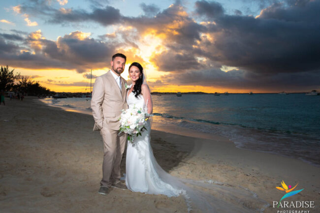 bride and groom sunset