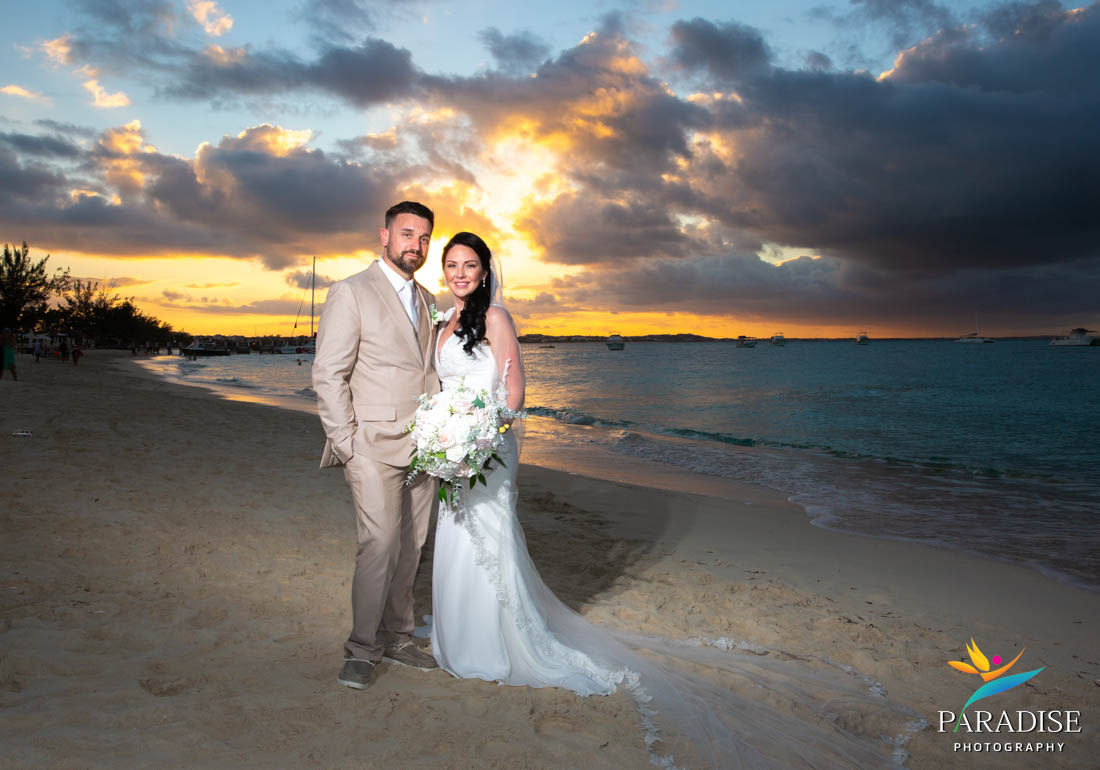bride and groom sunset