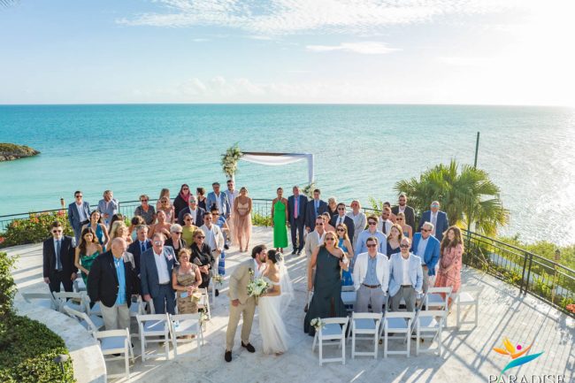 drone of wedding ceremony by the ocean