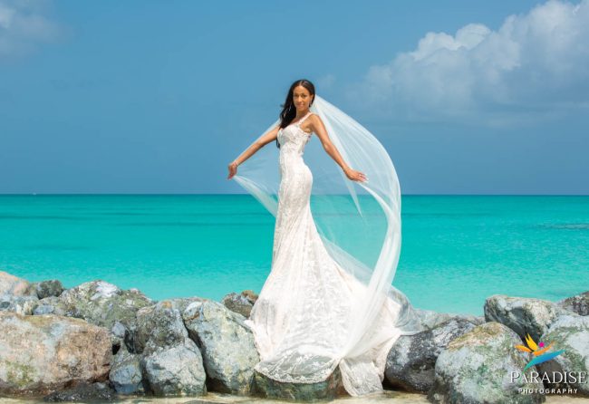 gorgeous bride at the beach with veil blowing