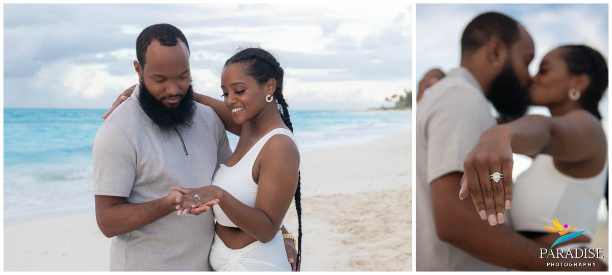 Close-up of ring and joyful newly engaged couple on beach