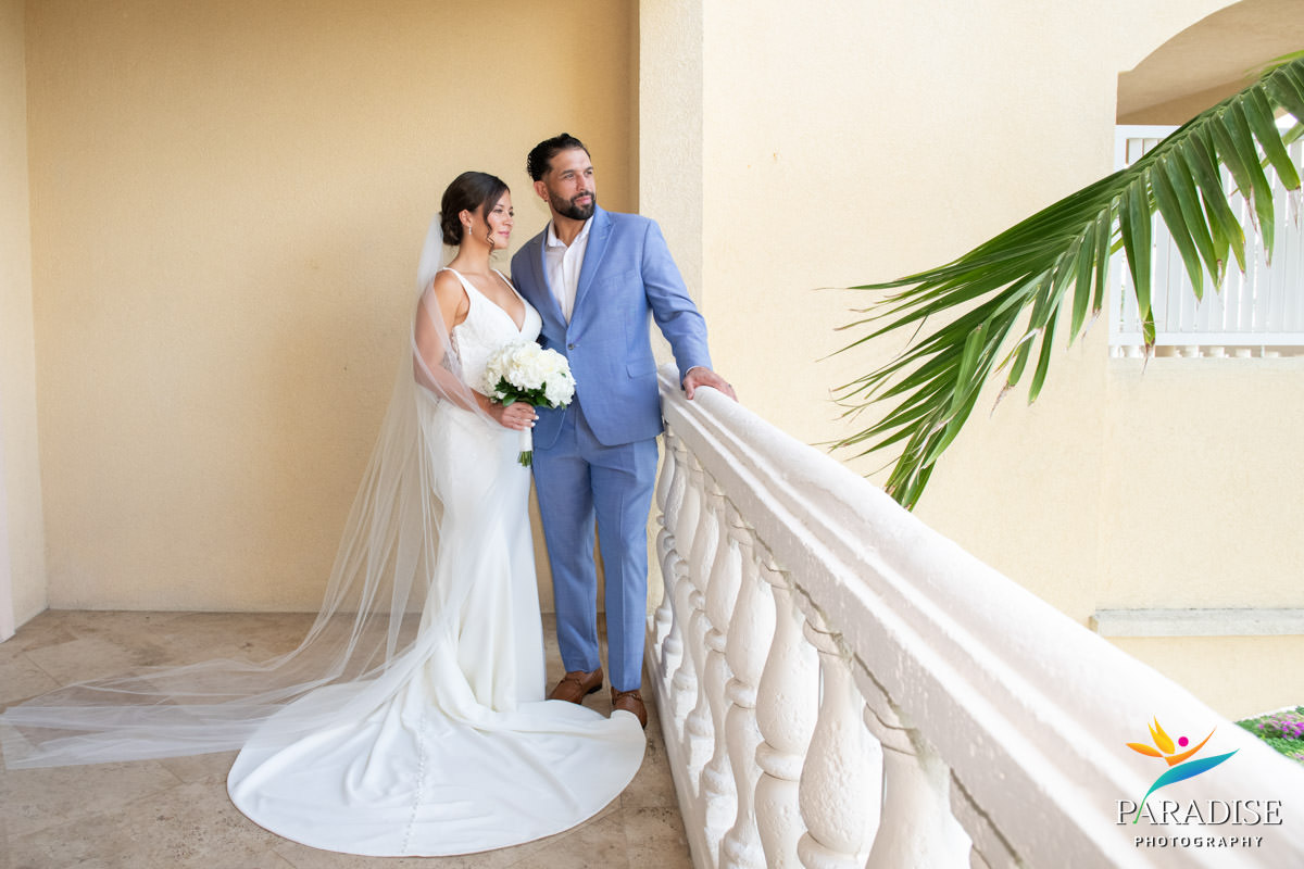 bride and groom at resort grounds