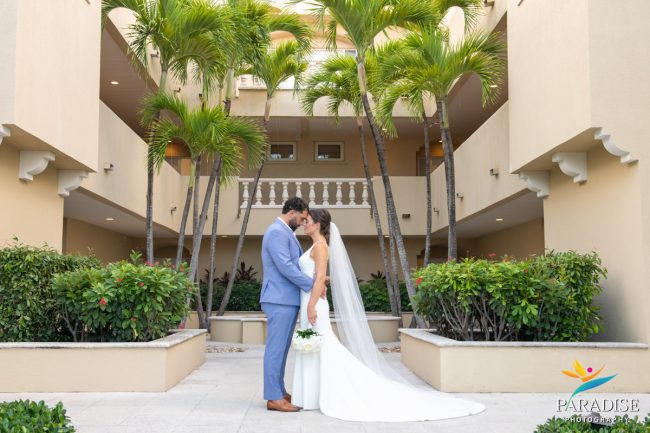 bride and groom at resort