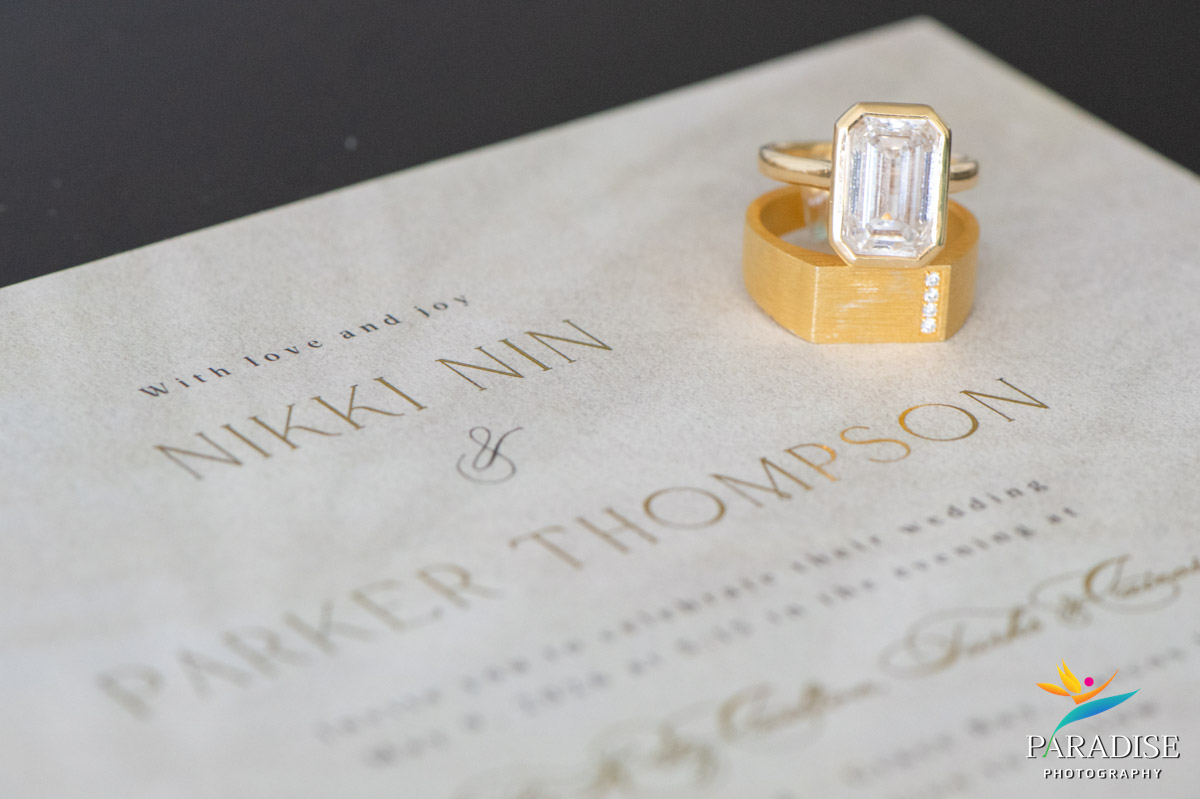Wedding invitation stationery flat lay with rings for Ritz-Carlton Turks and Caicos wedding