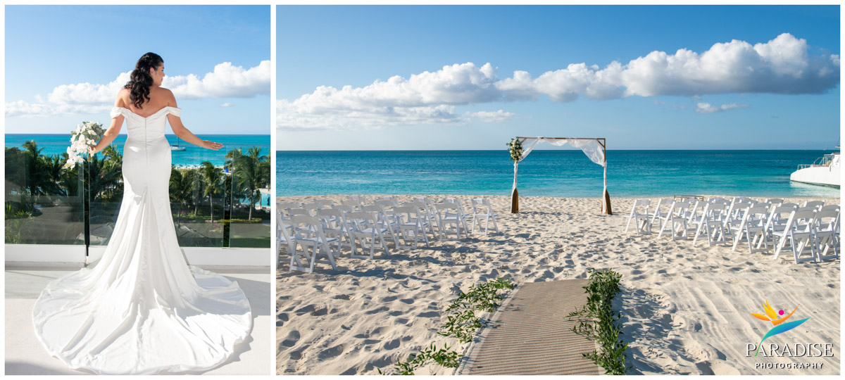 Collage of bride on balcony and beach ceremony setup with arch at Ritz-Carlton Turks and Caicos wedding