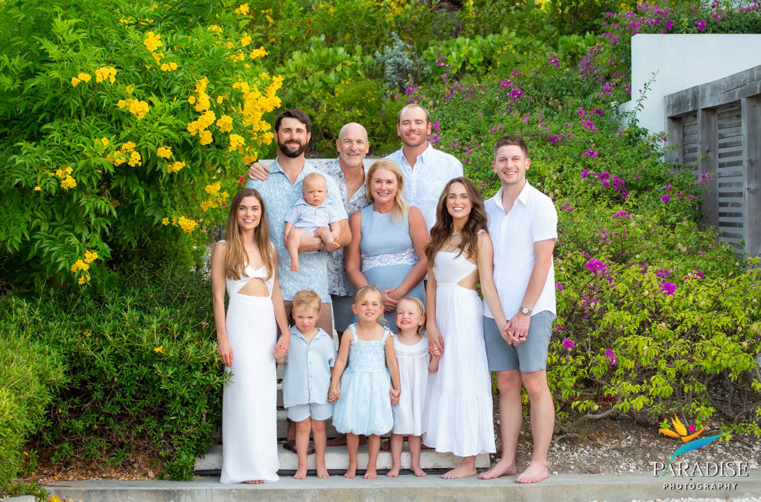 Extended family vacation portrait in the gardens at Beach Enclave, Turks and Caicos family photos