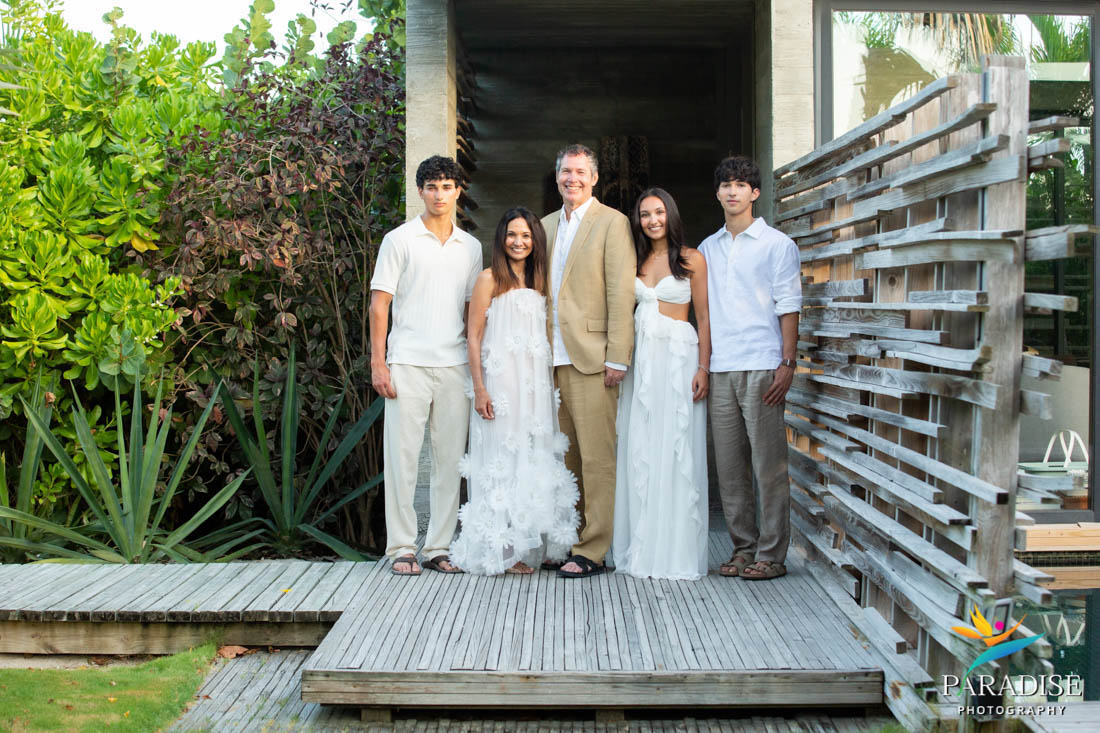Full family group portrait at a tropical doorway, Turks and Caicos family photography session