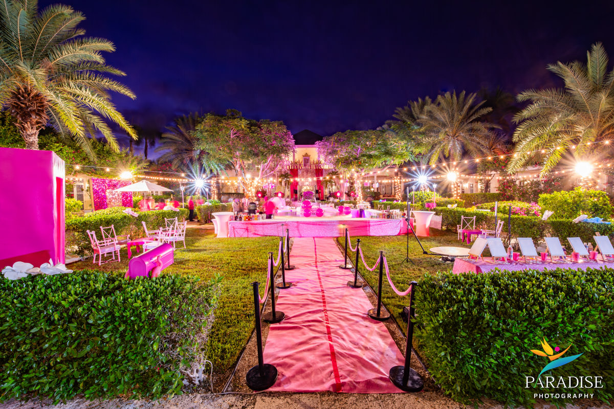 Turks and Caicos event photographer pink carpet entrance garden twilight