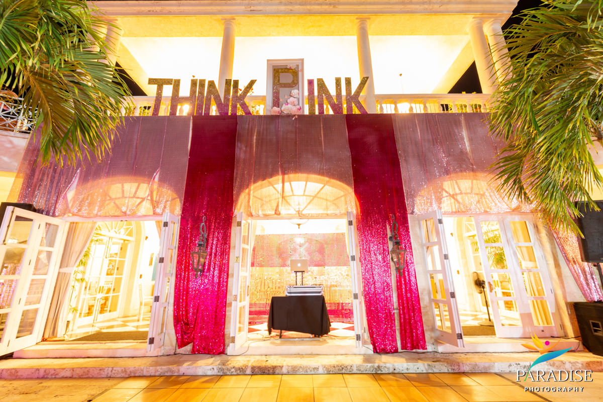 Turks and Caicos event photographer think pink sequin entrance dj booth